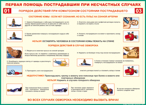Таблица "Порядок действий при коматозном состоянии пострадавшего" (100х140 сантиметров, винил) - fgospostavki.ru - Королёв